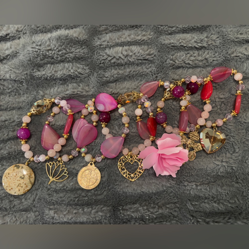 Elegant Pink and Gold Charm Bracelet Set